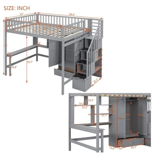 Full size Loft Bed with Bookshelf, Drawers, Desk and Wardrobe, Grey