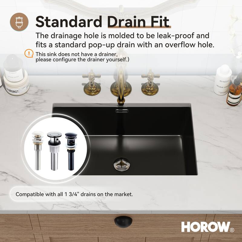HOROW 23.63 in Rectangular Undermount Ceramic Bathroom Sink in Black with Overflow Drain