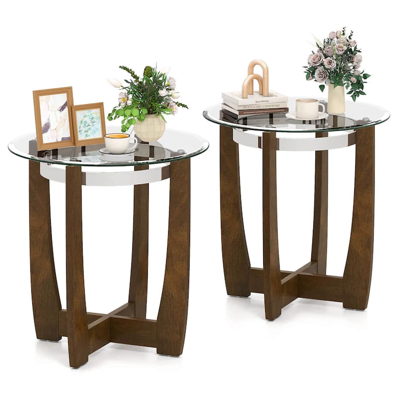 Costway 1/2 PCS 24" Round Side Table Glass End Table with Tempered - See Details