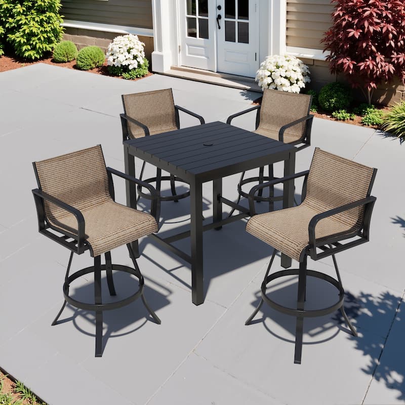 3/5-Piece Outdoor Bar Stools Set Cast Aluminum Sunbrella Swivel Bar Stools and Table - Brown - Set of 5