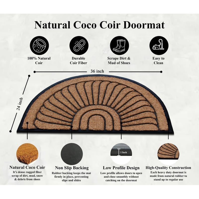 A1HC Sunburst Half Moon Tapered Edge Rubber Coir Doormat Outdoor Mat