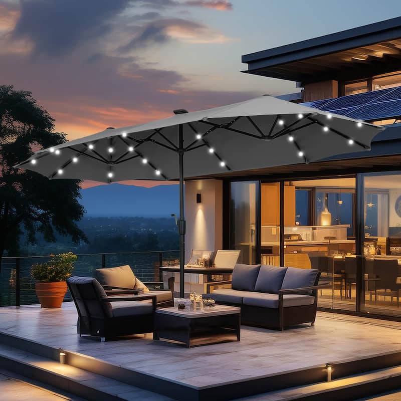 Autlaycil 13ft Extra Large Patio Umbrella with Solar Lights(Without Base) - Grey+Lights