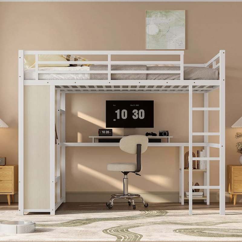 Queen Size Loft Bed with Wardrobe, Desk, and Storage Shelves in White Wood-grain Finish