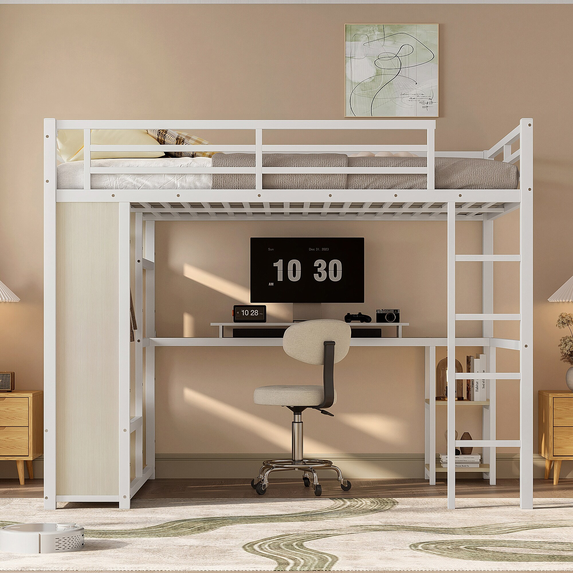 Queen Size Metal Loft Bed Frame w/ Desk Built-in Wardrobe Space Saving Modern Loft Bed Frame w/ Storage Shelves for Adults, Kids