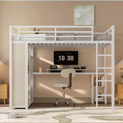 White Queen Size Loft Bed Frame with Built-in Wardrobe, Metal Loft Bed with Desk, Storage Shelves and Safety Guardrails