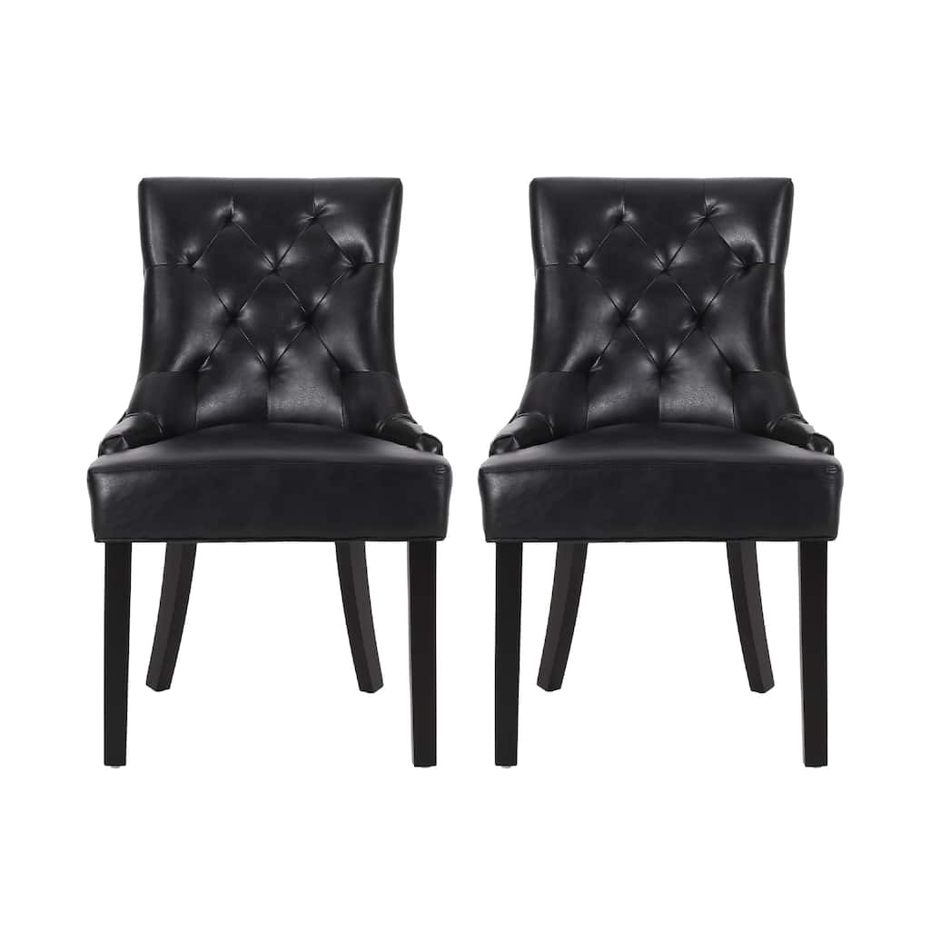 Chen Dining Chair Set of 2, Curved Black Diamond Tufted Faux Leather