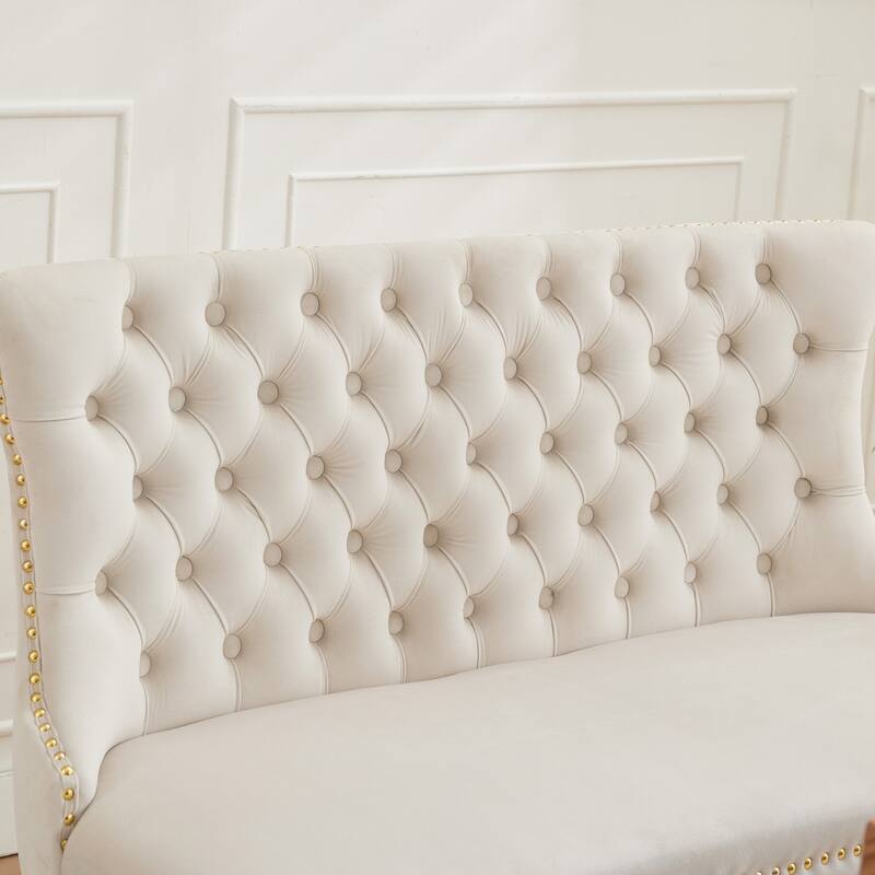 Roomfitters Upholstered Loveseat Bench with Nailhead Trim and Gold Metal Legs, Modern High Back Settee for Dining Room, Beige