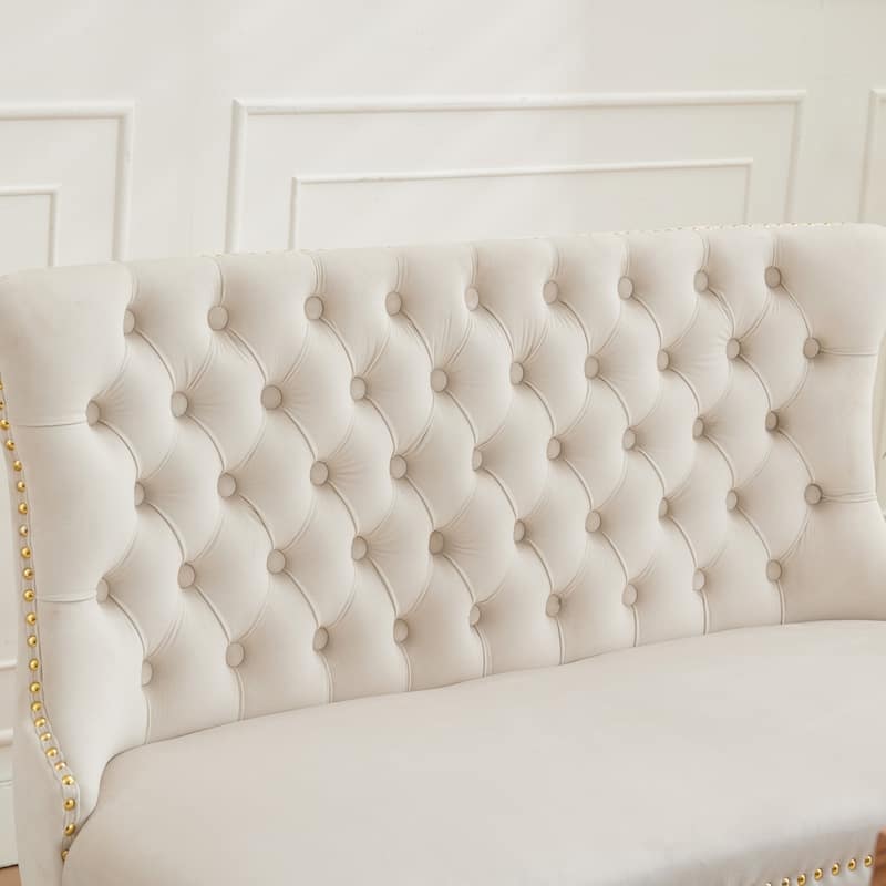Velvet Double Dining Loveseat Bench, 2-Seat Tufted Bench w/Handmade Buttons, Wing Back, Gold-Plated Steel Legs, Single Pack