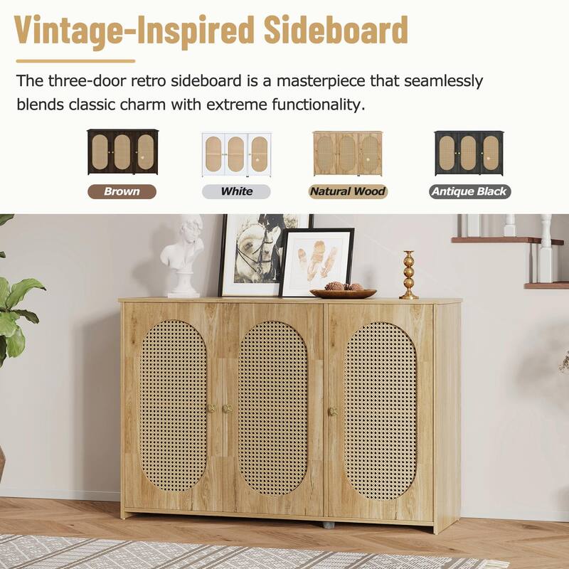 Retro 3-Door Sideboard - Large Storage with Rattan Doors and Metal Handles