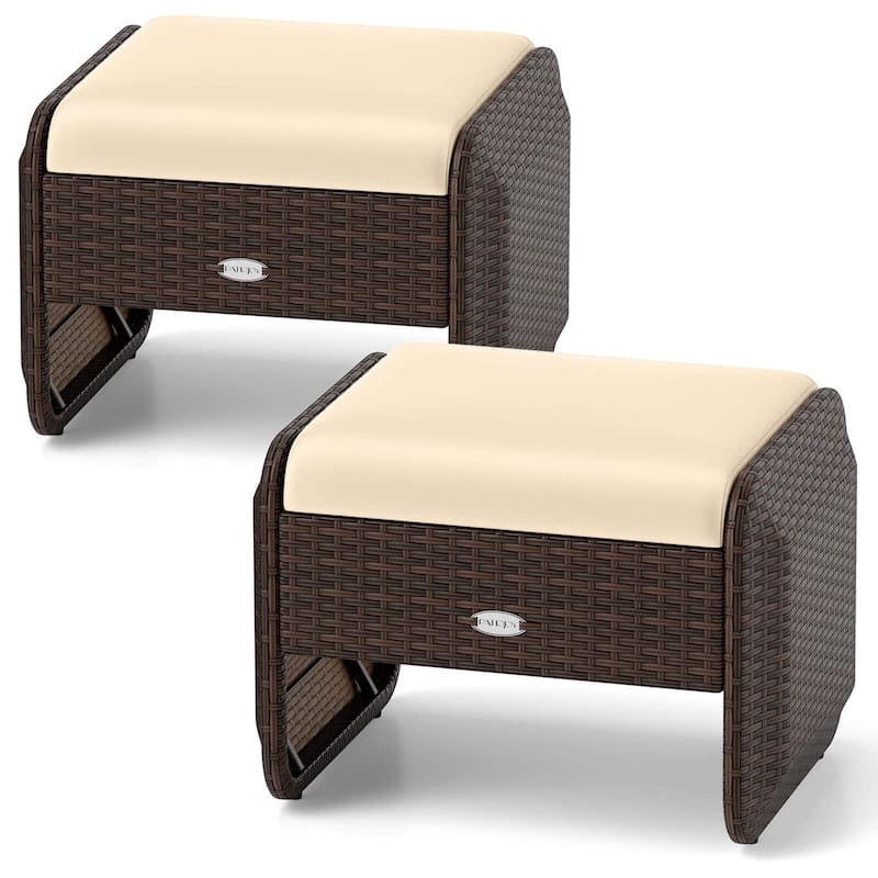 Patiojoy 2 Pieces Outdoor Patio PE Wicker Ottomans with Removable - See Details - Beige