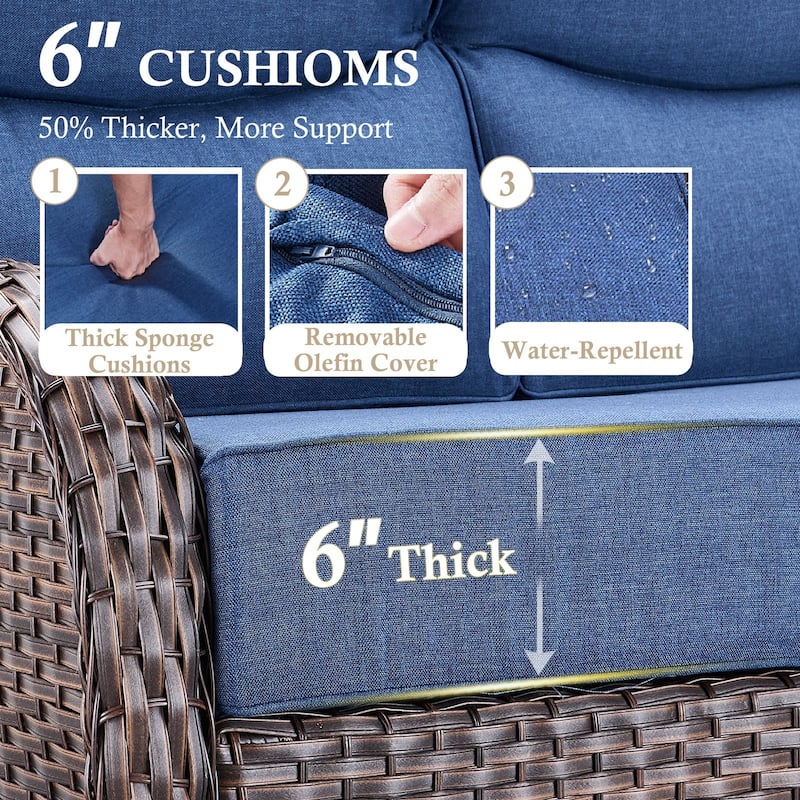 Arcadia 3-Seat Wicker Patio Sofa with 6-Inch Thick Cushions and 2 Ottomans