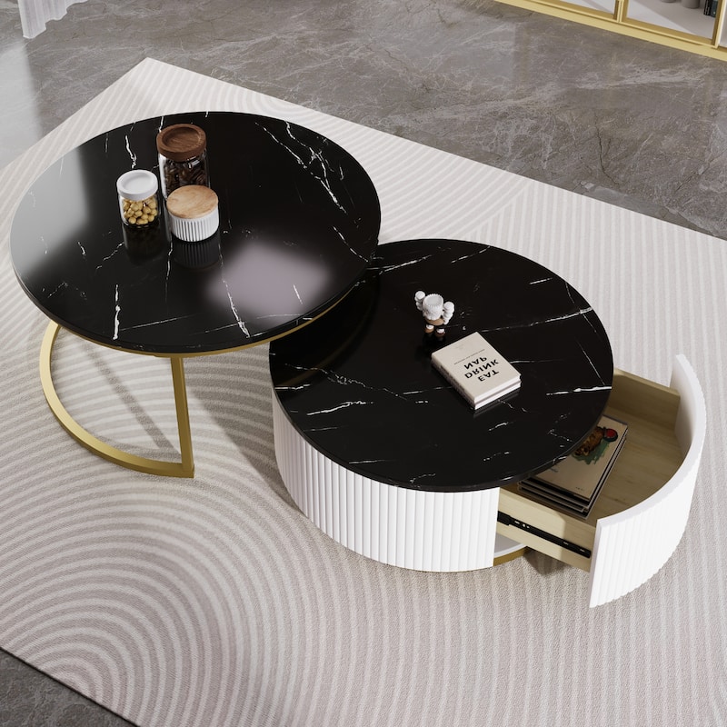 Modern Round Nesting Coffee Set of 2, Stacking Living Room Accent Tables with Gold Metal Frame, Office Wood Center Table