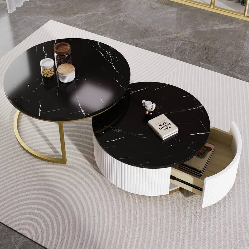 Modern Round Nesting Coffee Table Fluted with Drawer in 27.6"