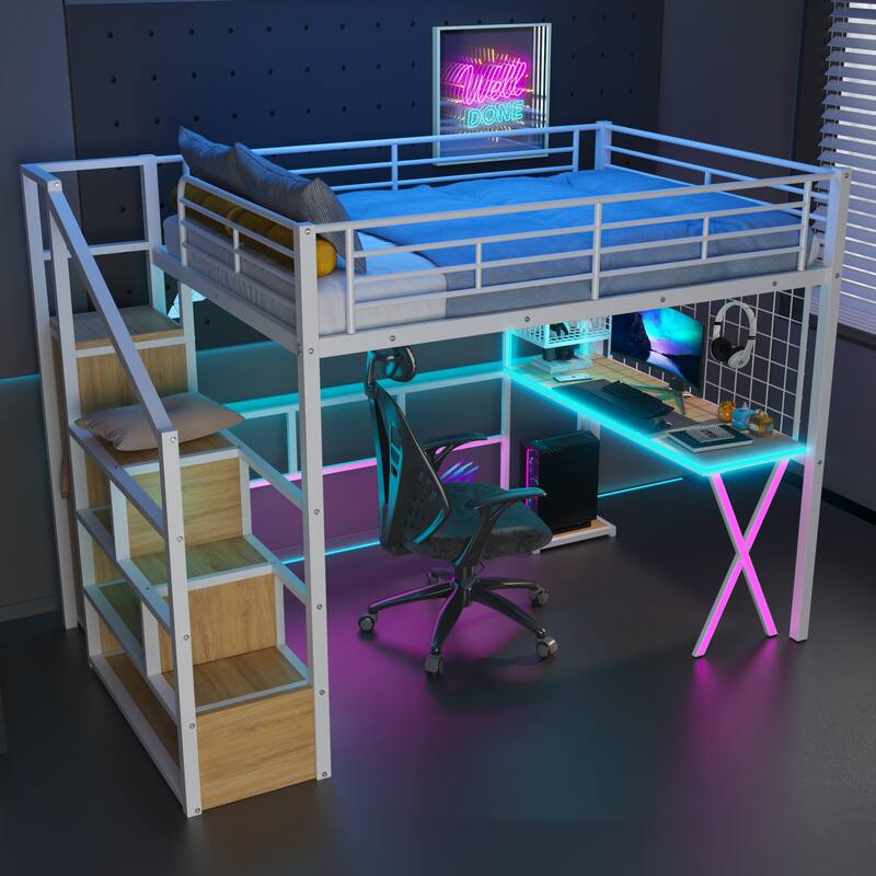 Metal High Loft Bed Frame with Guardrail, Full Size LED Loftbed with Built-in Work Station, Storage Staircase and Wardrobe