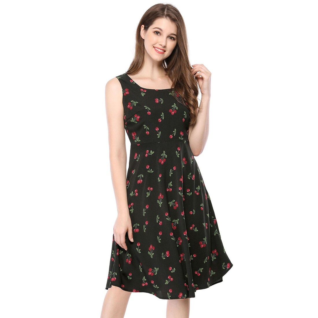 Shop Unique Bargains Women Sleeveless Cherry Print Midi Flare