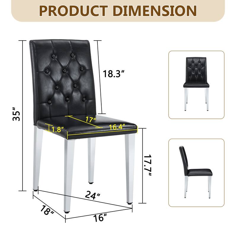 4-pack black PU dining chairs: ergonomic buckle backrest,35 inches high,silver metal legs,a low-key luxury choice.