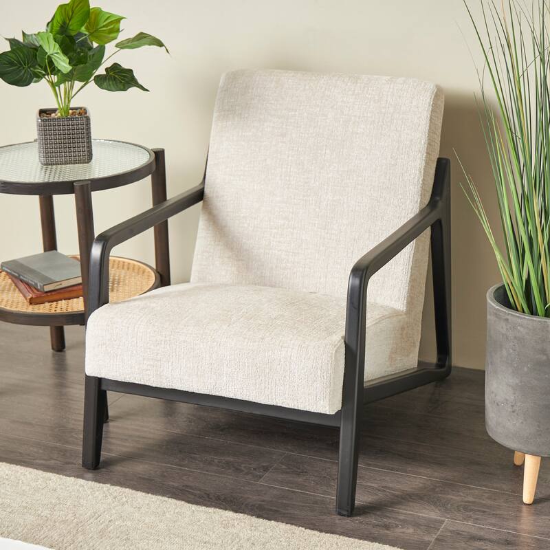 Cream Polyester Mid Century Modern Boucle Living Room Accent Chair with Black Wood Frame - Cream