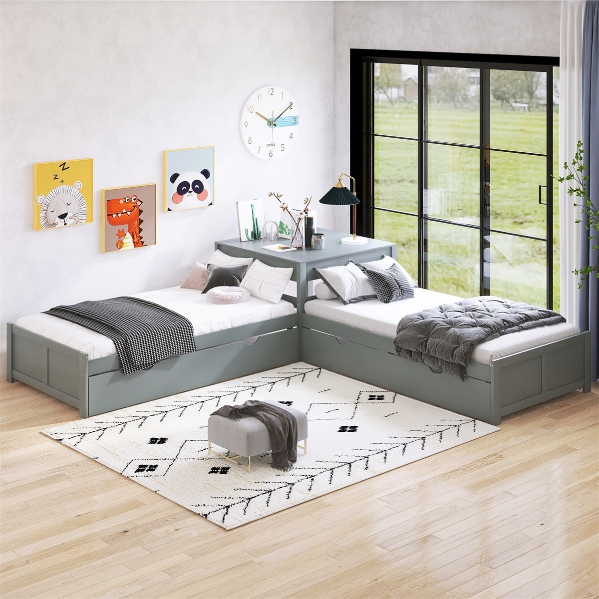 【新品タグ付】DELUXE BEDWIN コラボ sizeL グレー Merax Twin Size L-shaped Platform Bed with Two Trundles and Built