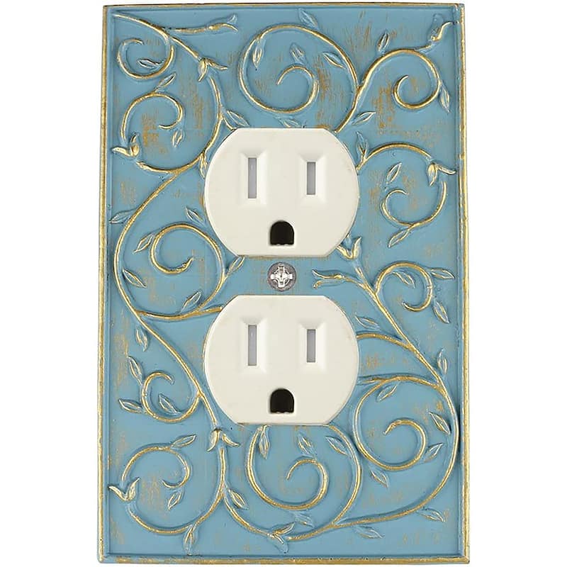 Meriville French Scroll Electrical Outlet Wall Plate Cover, Hand Painted - Cameo Blue With Gold