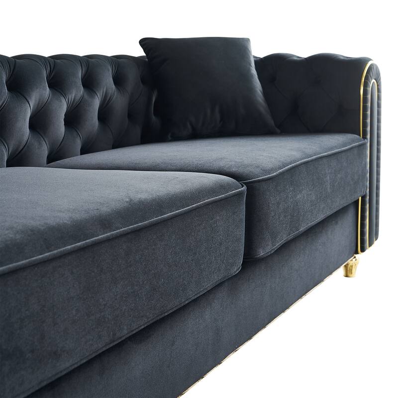 86'' Luxury Modern Tufted Black Velvet Sofa with 2 Toss Pillows