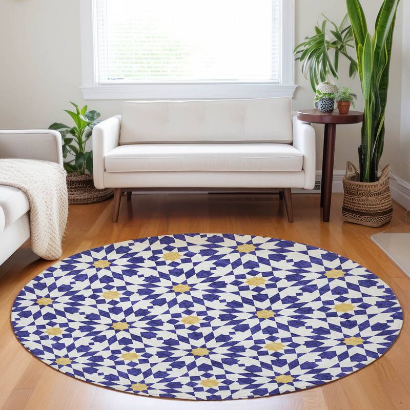 Premium Washable Super Soft Modern Mosaic Mayfield Rug - Navy - 8' x 8' - Round