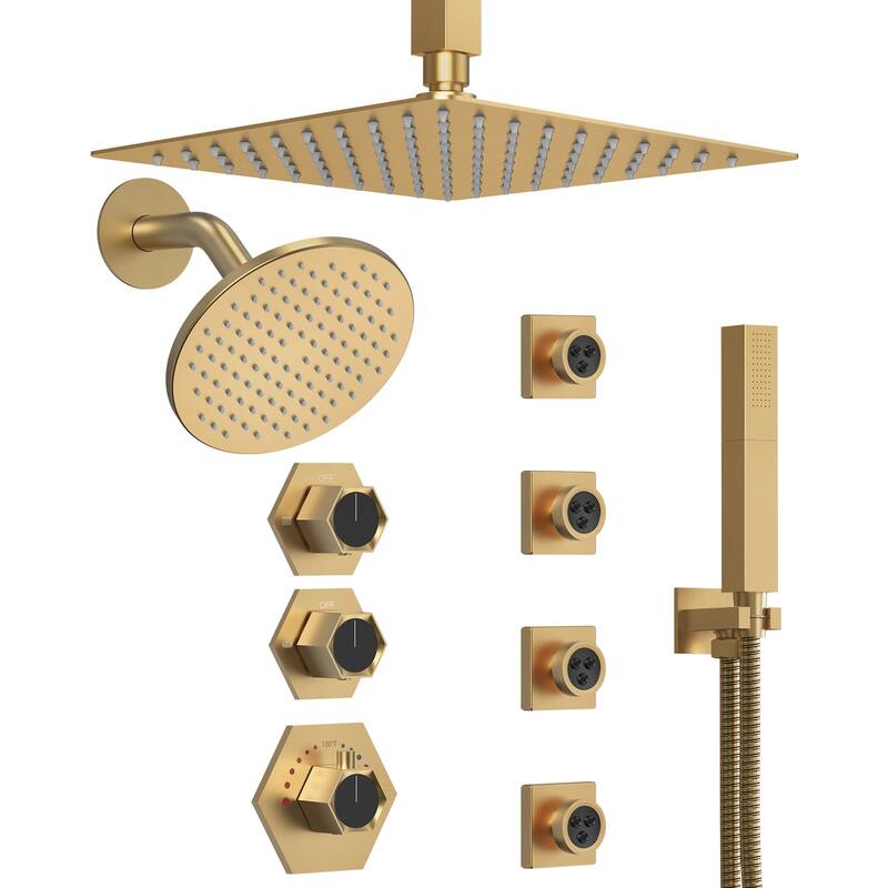 GRANDJOY Dual Shower Heads 12" Ceiling and 6" Wall Mount Body Jets Handheld Shower Spray Rainfall Shower Faucet Set