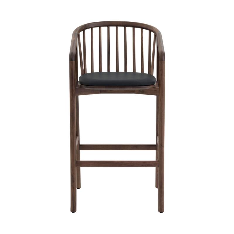 Rchy Barstool Chair, Curved Spindle Back, Black Faux Leather, Brown Wood
