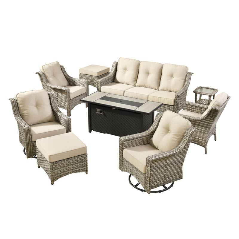 HOOOWOOO 9-piece Rattan Outdoor High Backrest Swivel Chair Set with 54"Fire Pit