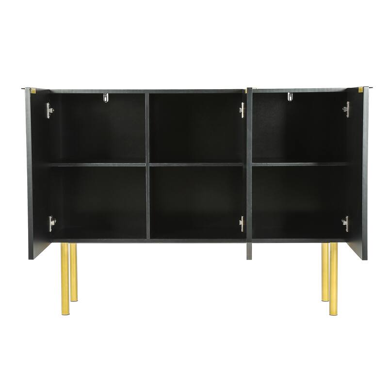 Pinstripe Design Buffet Sideboard w/ Gold Metal Legs & Handles - Black