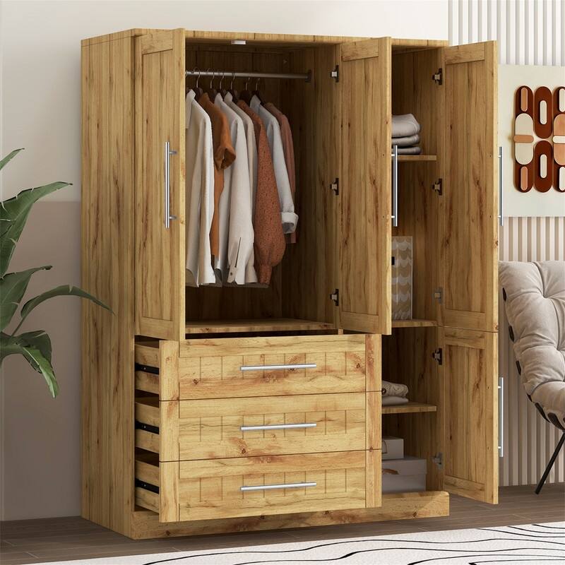 4 Door Wardrobe Bedroom Closet with 3 Storage Drawers, Solid Wood Armoire Clothes Organizer with Hanging Rods & Storage Shelves