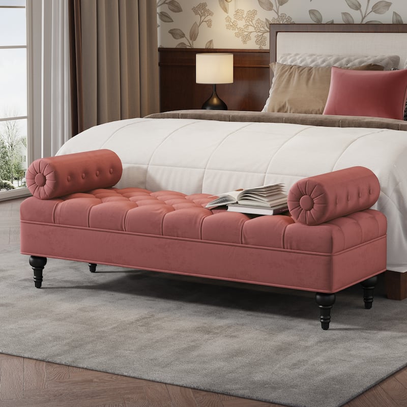 Modern Bedroom Bench End of Bed Bench with 2 Detachable Pillows, Pink Upholstered Footstool Indoor Bench Lounge Bench