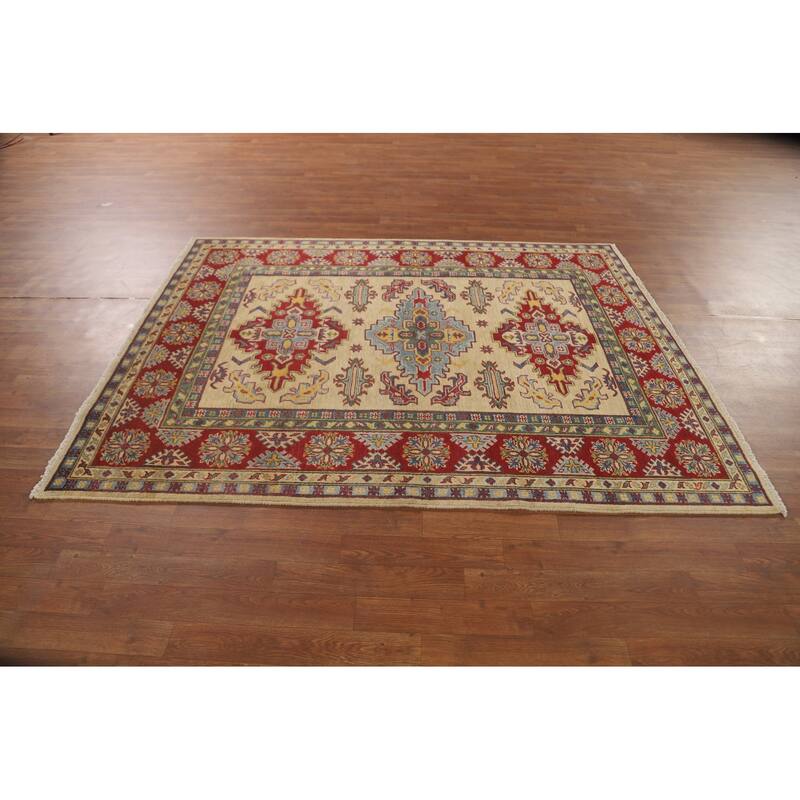Kazak Area Rug Handmade Oriental Yellow Wool Carpet - 5'2" x 6'7"