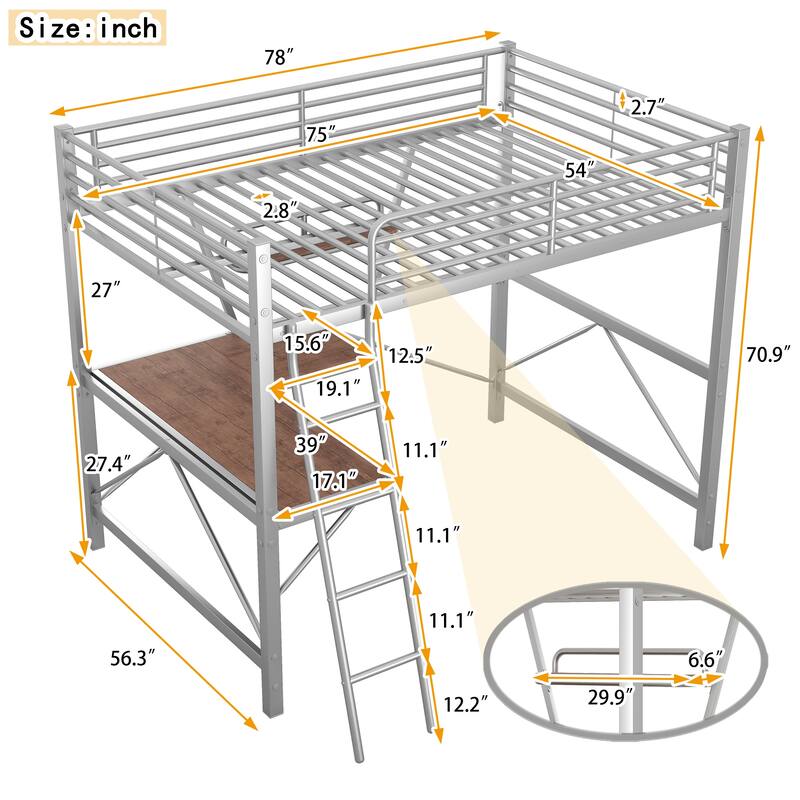 Twin Size Metal Loft Bed with Built-in Desk and Shelf, Sturdy Frame, Space-Saving Design