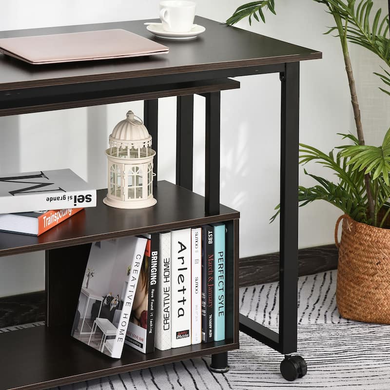 HOMCOM Mobile L-Shaped Rotating Computer Desk with Storage Shelves Moveable Rolling Writing Table