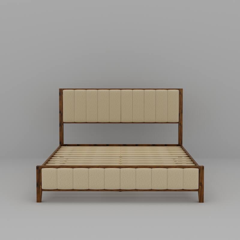 Solid Rubber Wood Platform Bed Frame with Upholstered Headboard - Queen Size Modern Bed