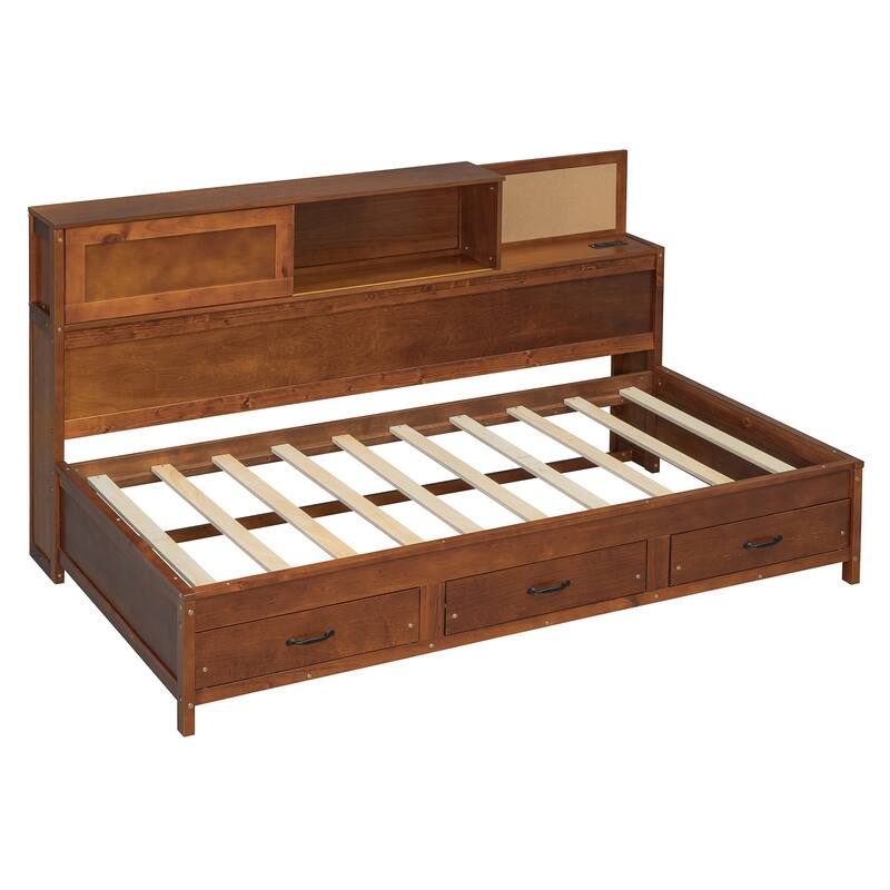 Twin Size Daybed with 3 Storage Drawers and Upper Soft Board, Versatile Wooden Sofa Bed Frame w/a Set of Sockets & USB Ports