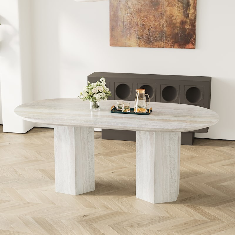 71" Modern Oval Wood Dining Table For 6 With Travertine Texture, Beige Kitchen Table With Bouble Pedestal