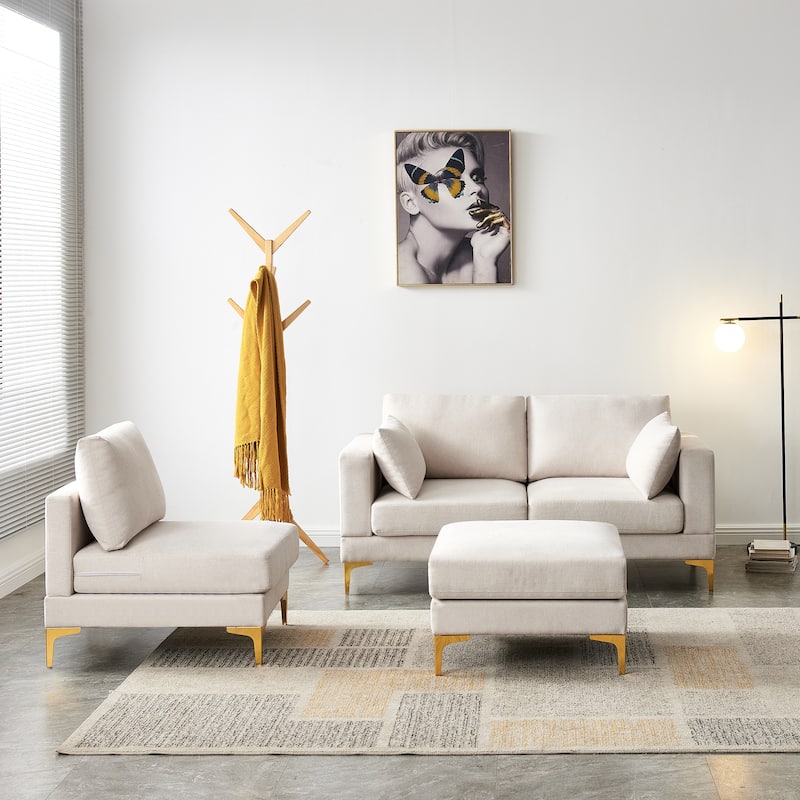 92'' Fabric L-Shape 3-Seater Sofa with Ottoman, Gold Metal Legs, and Toss Pillows