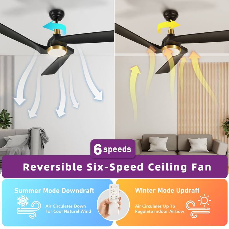 52 Inch Ceiling Fan with Lights Remote Control With 3 Solid Wood Blades