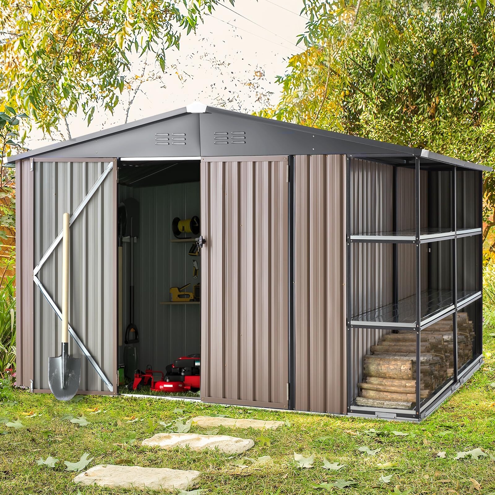 AECOJOY Outdoor Metal Storage Shed with Rack Utility Shed w/ Shelves - Thumbnail 4