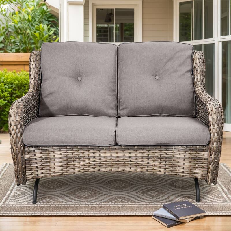 Outdoor Glider Loveseat Sofa with Soft Cushion - Grey Rattan - Grey Cushion