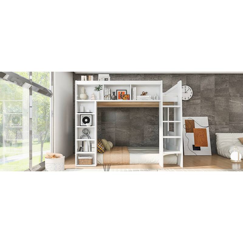 Roomfitters Queen Size Loft Bed with Storage Cabinets and Bookshelves