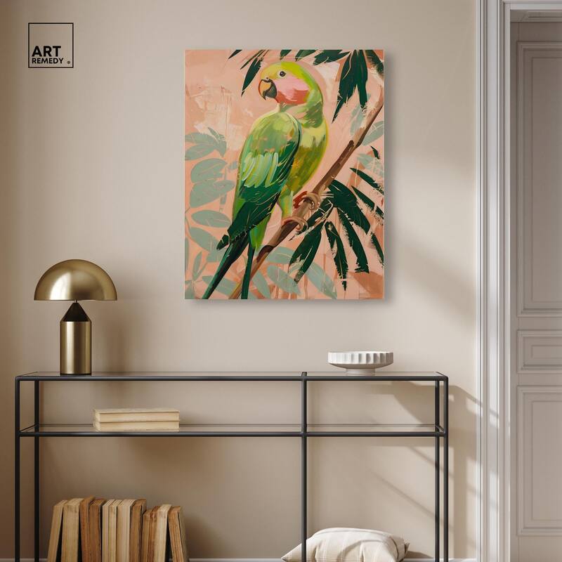 Coral and Green Parrot II Canvas by Art Remedy, Gallery Wrapped