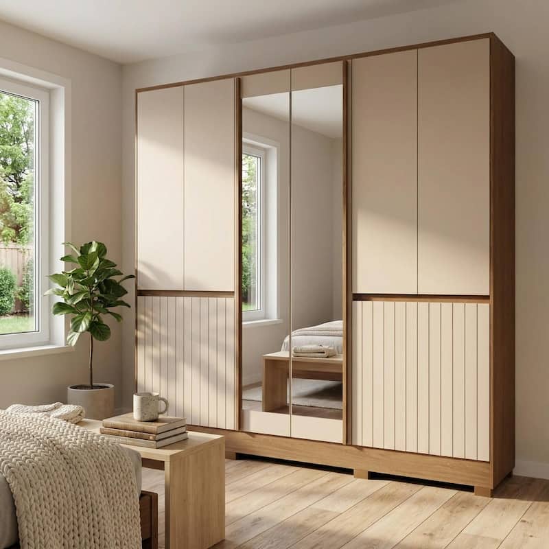 Meble Furniture Alaska 85-Inch Large Bedroom Wardrobe Armoire with Mirror, Drawers and Shelves, Oak/Fendi Two-Tone Finish