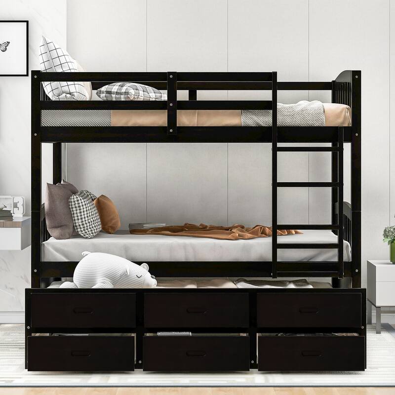Twin Over Twin Wood Bunk Bed with Trundle and Drawers, Espresso Finish
