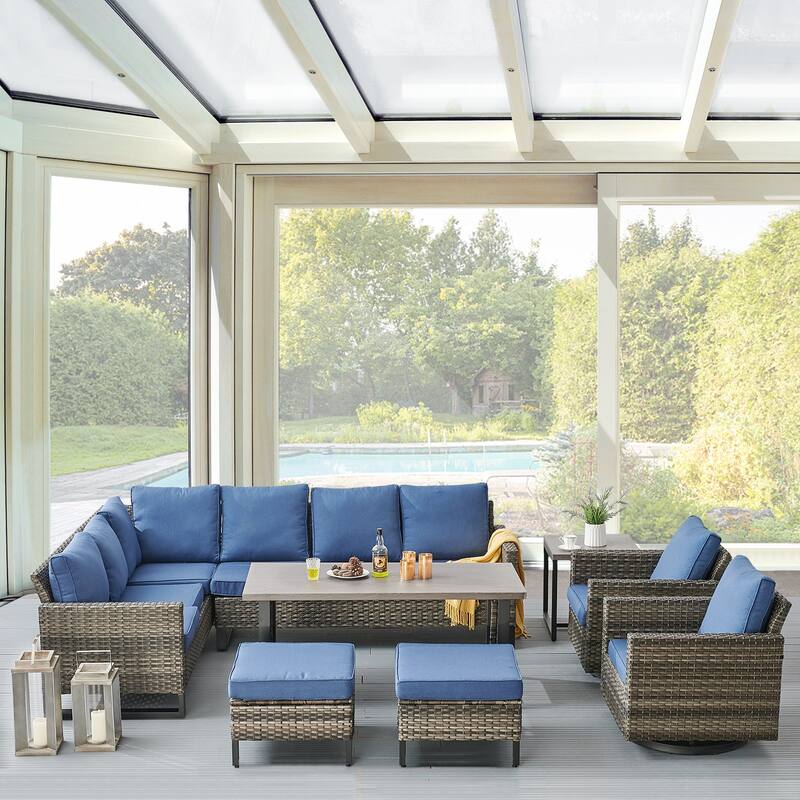 Outdoor Sectional Sofa, Swivel Chairs, Ottomans and Table - Blue - Grey