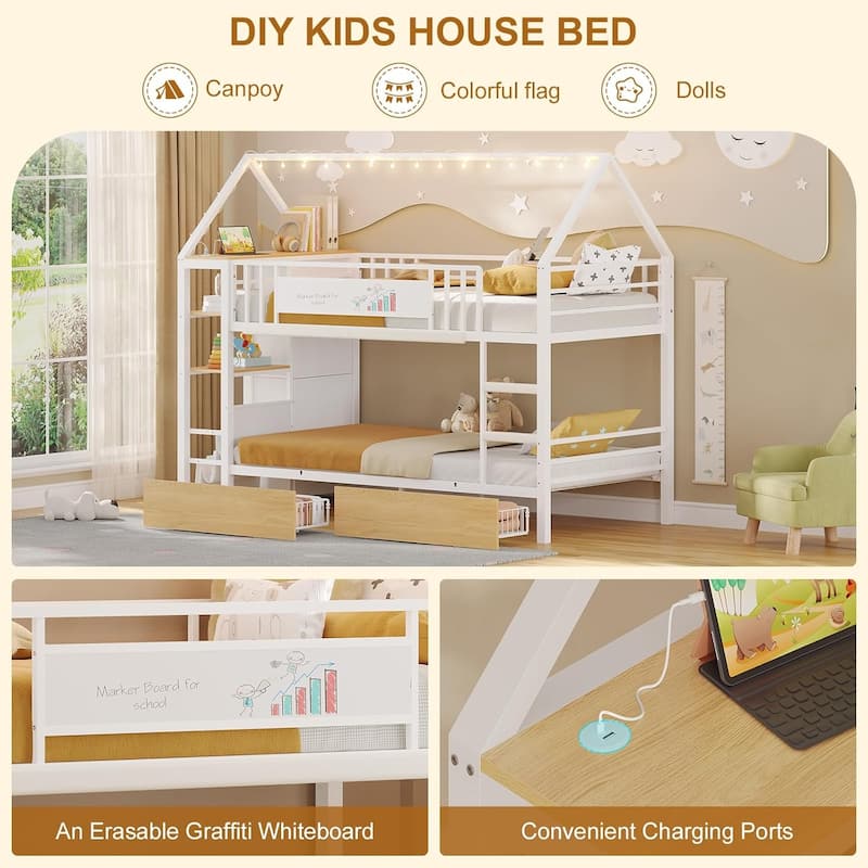 House Low Loft Bed Twin Size Storage Drawers Bookcase LED Lights