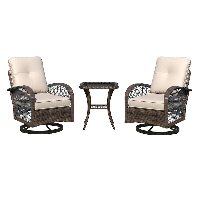 Outdoor Swivel Rocker Bistro Set - 3 Piece Wicker Patio Set with Swivel Rocking Chairs, Cushions, and Tempered Glass Side Table