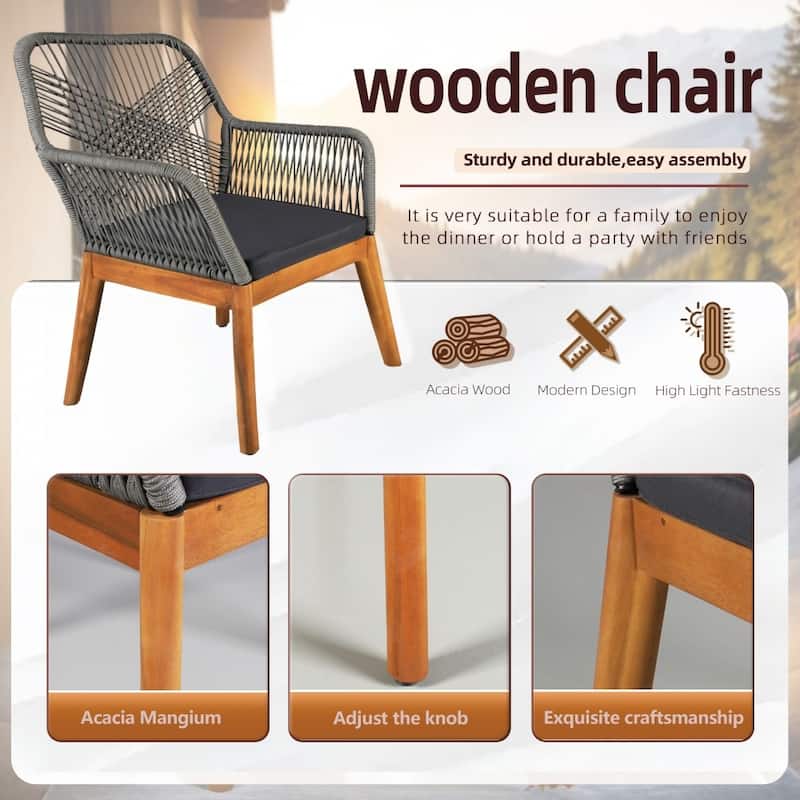 Modern Outdoor Acacia Wood Chair with Premium Cushion for Patio（A Set of Two Chairs）