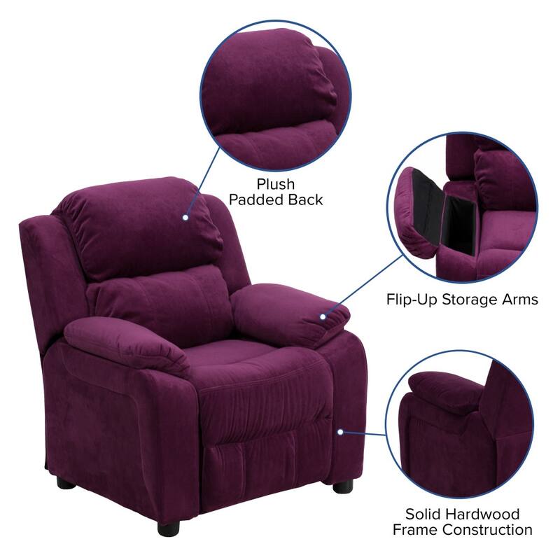 Deluxe Padded Contemporary Kids Recliner with Storage Arms